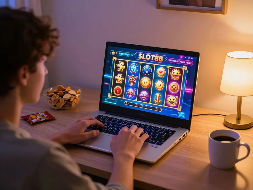 Engaging user playing SLOT88 games on a laptop in a cozy online gaming setup