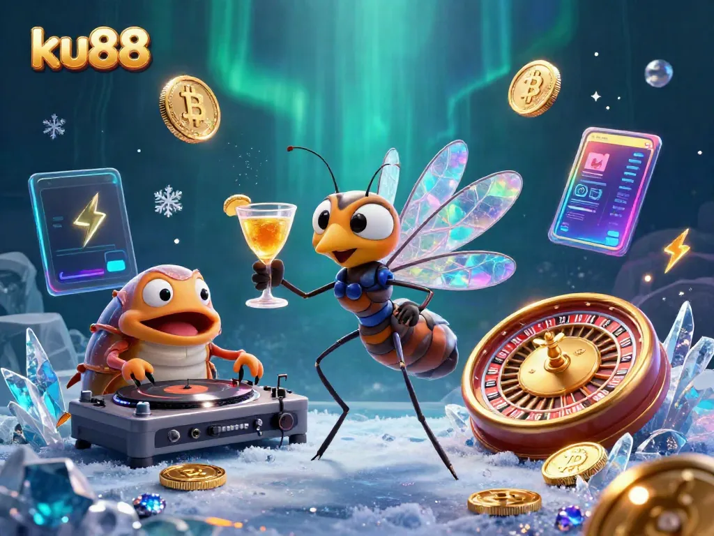 Experience the excitement of ku88 with a vibrant casino scene featuring a frozen mosquito mascot and a trilobite DJ.