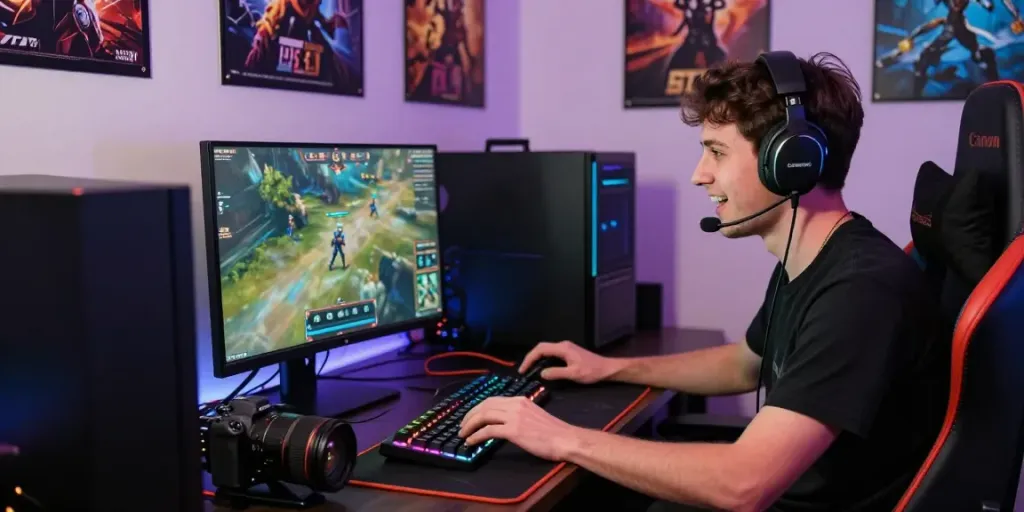 Engaged male player in dynamic manclub gaming session with high-tech setup.