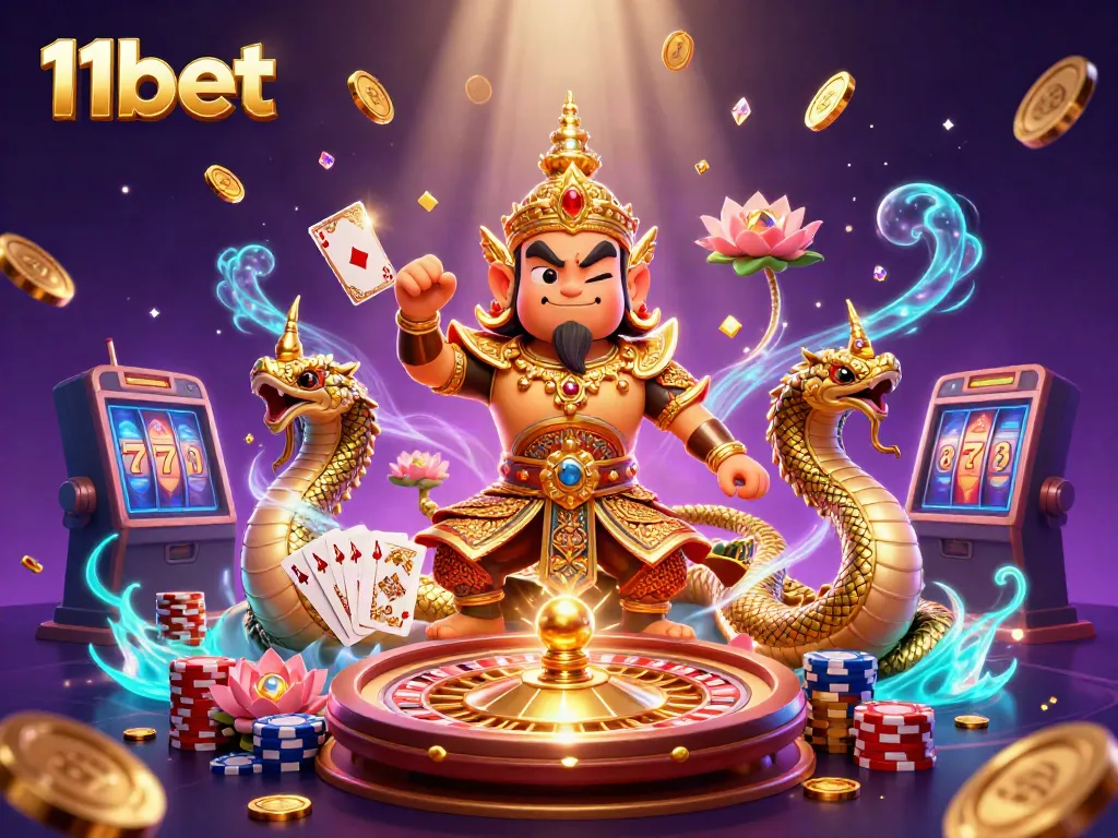 Experience the excitement of 11bet with vibrant casino elements and engaging characters in a dynamic 3D illustration.