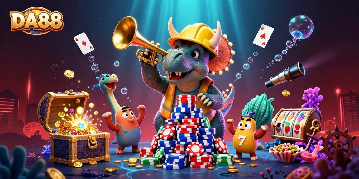 DA88 showcases thrilling casino adventures with 3D characters celebrating wins.