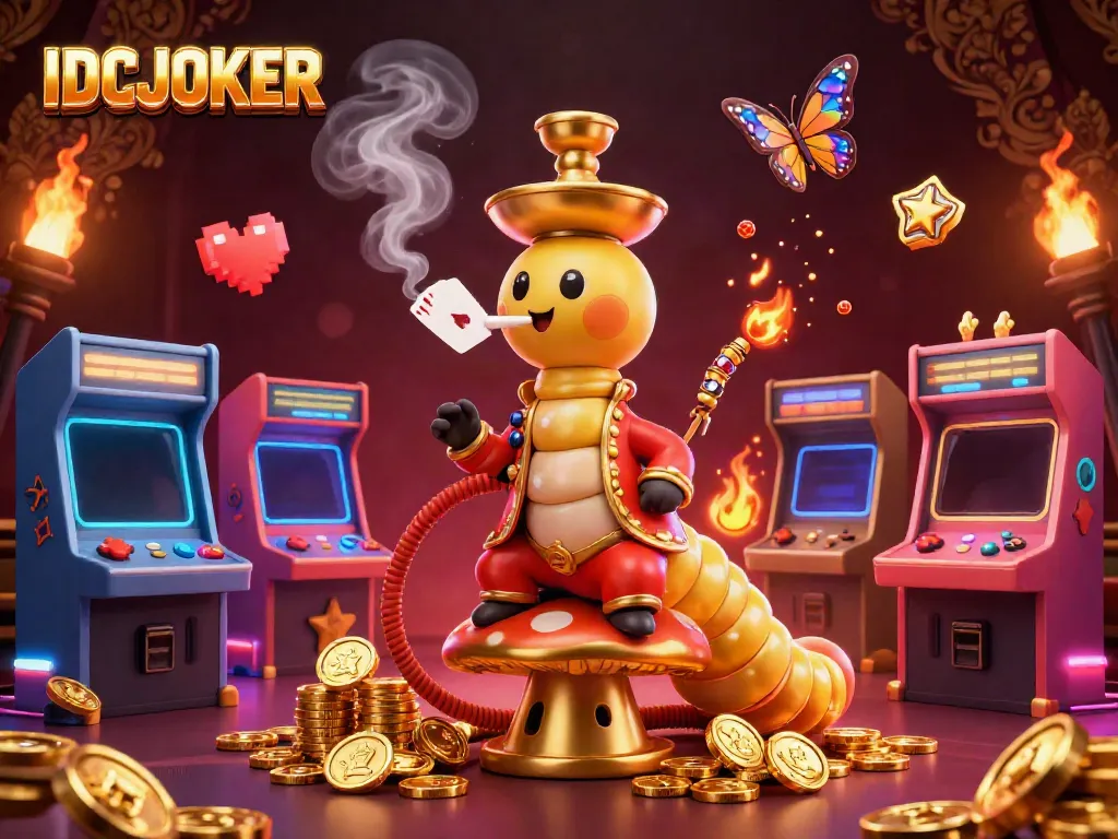 IDCJOKER brings luck with a vibrant scene of a hookah-master caterpillar amidst casino-themed elements, showcasing a dynamic setting.