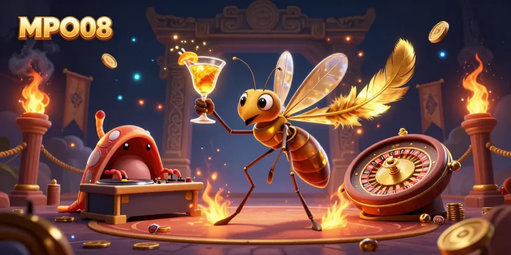 MPO08 showcases a lively casino scene with a brimming frozen mosquito, DJ trilobite, and golden roulette wheel.