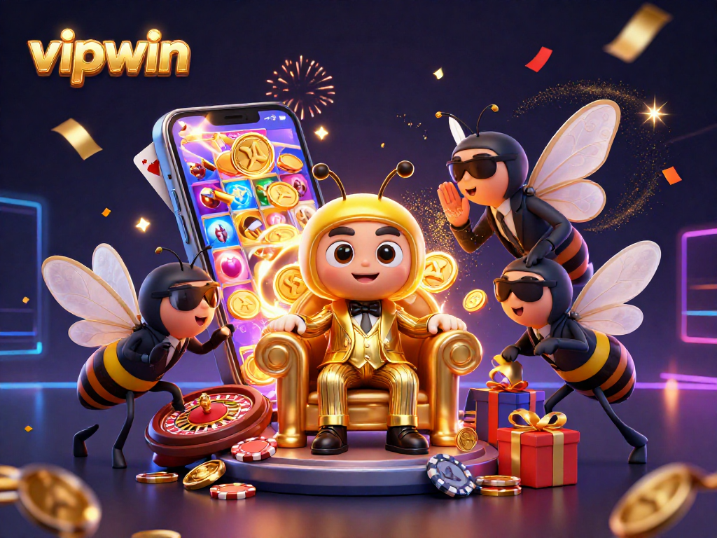 Engaging in vibrant slots action on vipwin with a 3D cartoon bumblebee mob boss surrounded by gaming elements