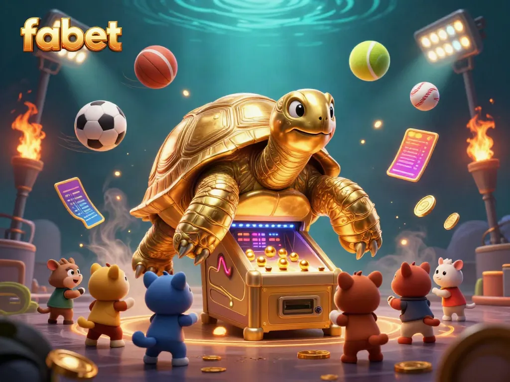 Experience the excitement of betting on fabet with a vibrant scene featuring a golden tortoise pinball machine and sports elements.