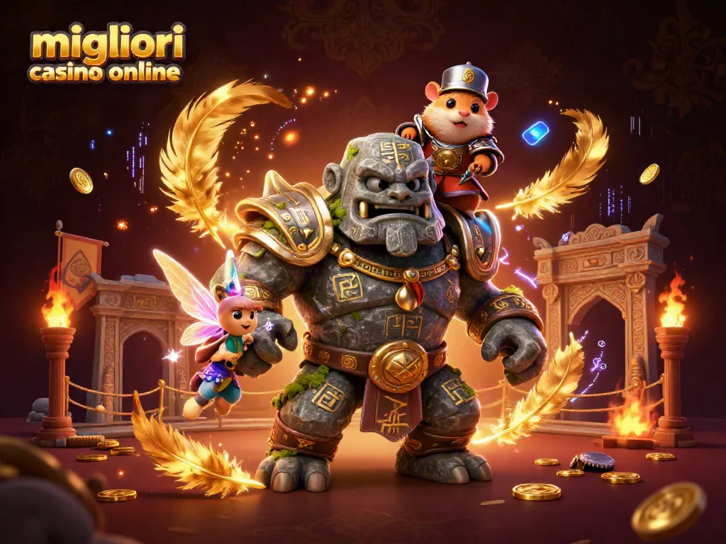 I migliori casino online offrono un'illustrazione ricca di dettagli con un golem magico e un cavaliere che esplora il gioco.