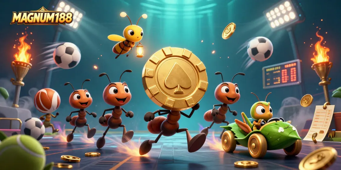 Experience the thrill of MAGNUM188 with animated characters, sports betting elements, and vibrant casino themes.