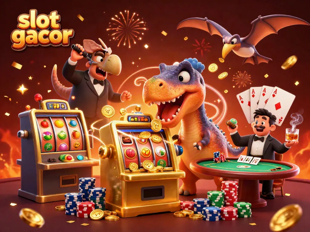 Engaging casino scene with slot gacor elements as a pachycephalosaurus interacts with a slot machine and colorful tokens.