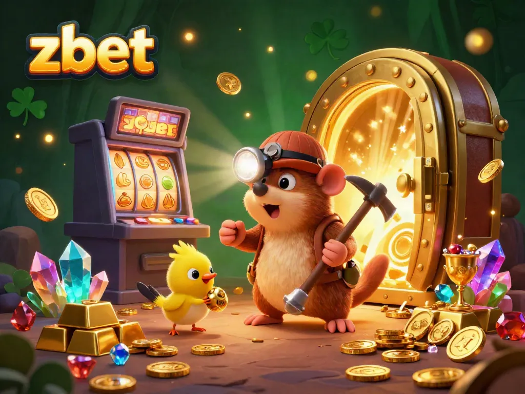 Experience thrilling wins at ZBET casino with vibrant slot machines, gold treasures, and a fun treasure hunter, embodying excitement.