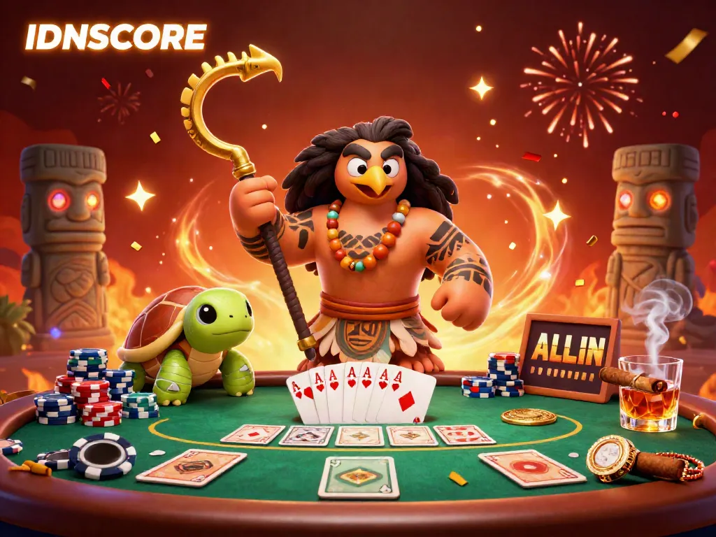 Engaging IDNSCORE scene with vibrant poker elements and characters celebrating wins.