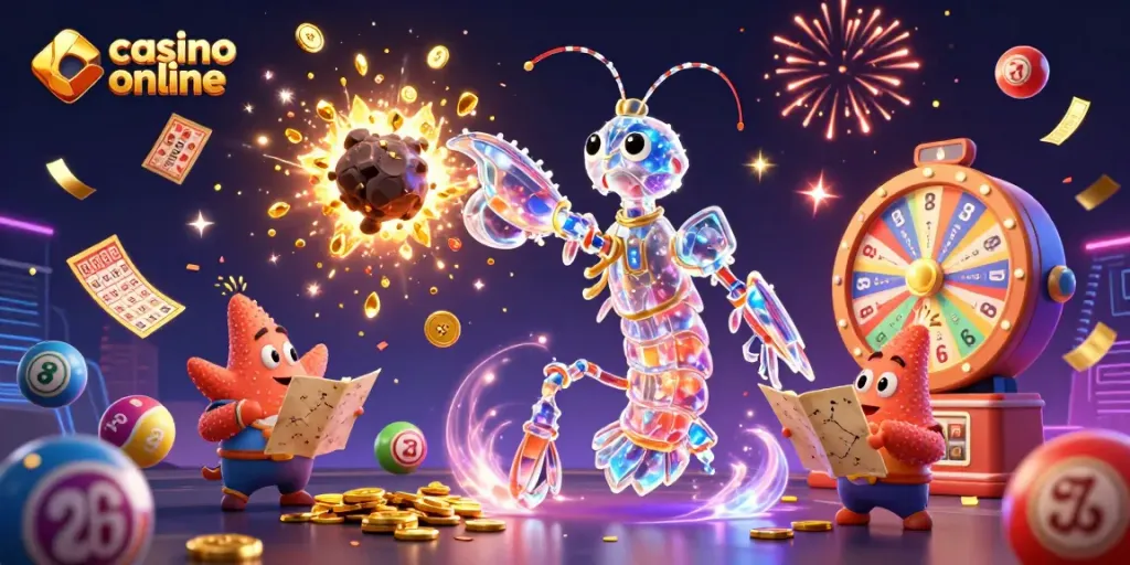 Los jugadores ganan con casino online mientras un camarón gladiador ataca un asteroide dorado.