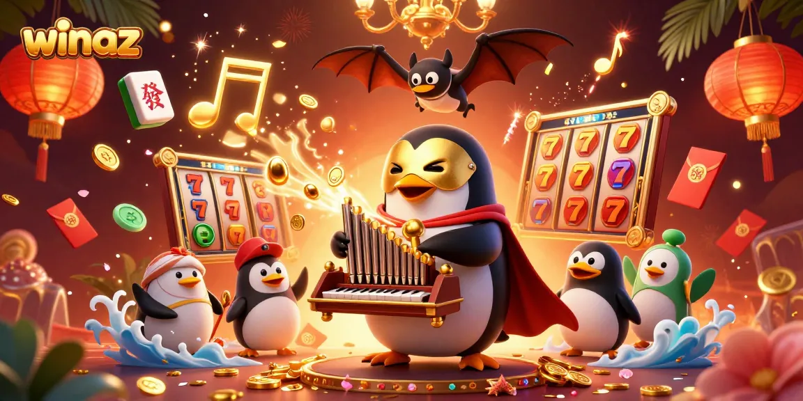 winaz penguin playing pipes rains golden coins in a vibrant casino scene, highlighting jackpots