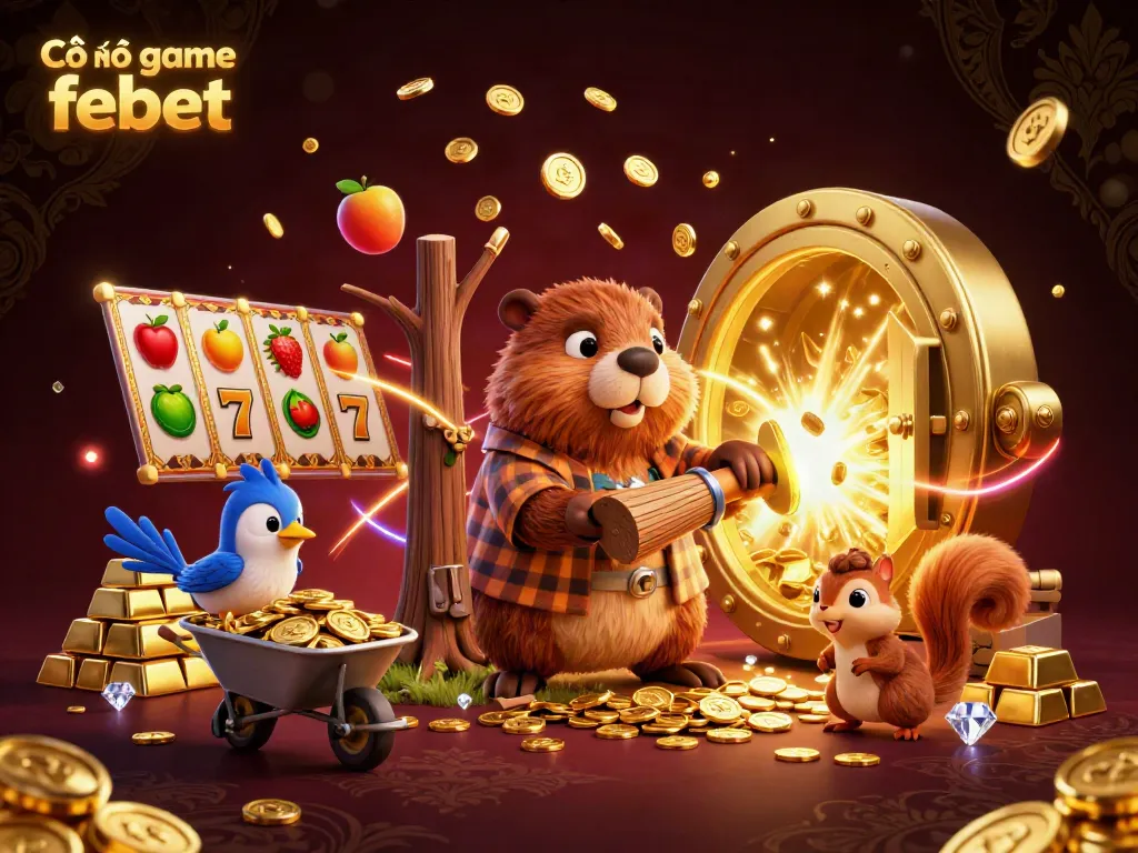 Cổng game febet features vibrant gold coins and dynamic characters celebrating wins in an engaging casino setting.