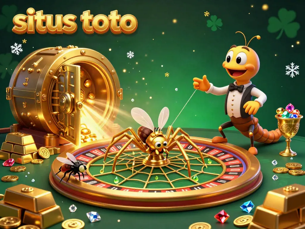Engage in situs toto with a fly betting at a roulette-shaped web as a centipede croupier oversees the vibrant casino scene.