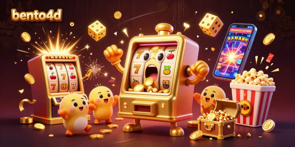 bento4d spins a colorful jackpot explosion with golden slot machines celebrating the win in a vibrant casino scene