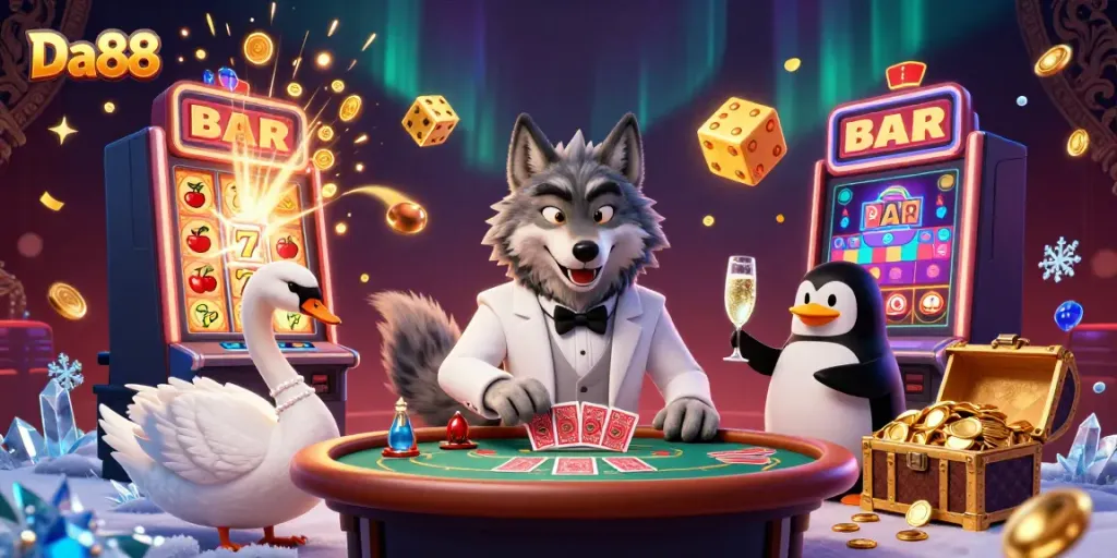 Experience exhilarating gameplay at Da88 with a festive casino scene featuring a debonair wolf and a swan dealer.