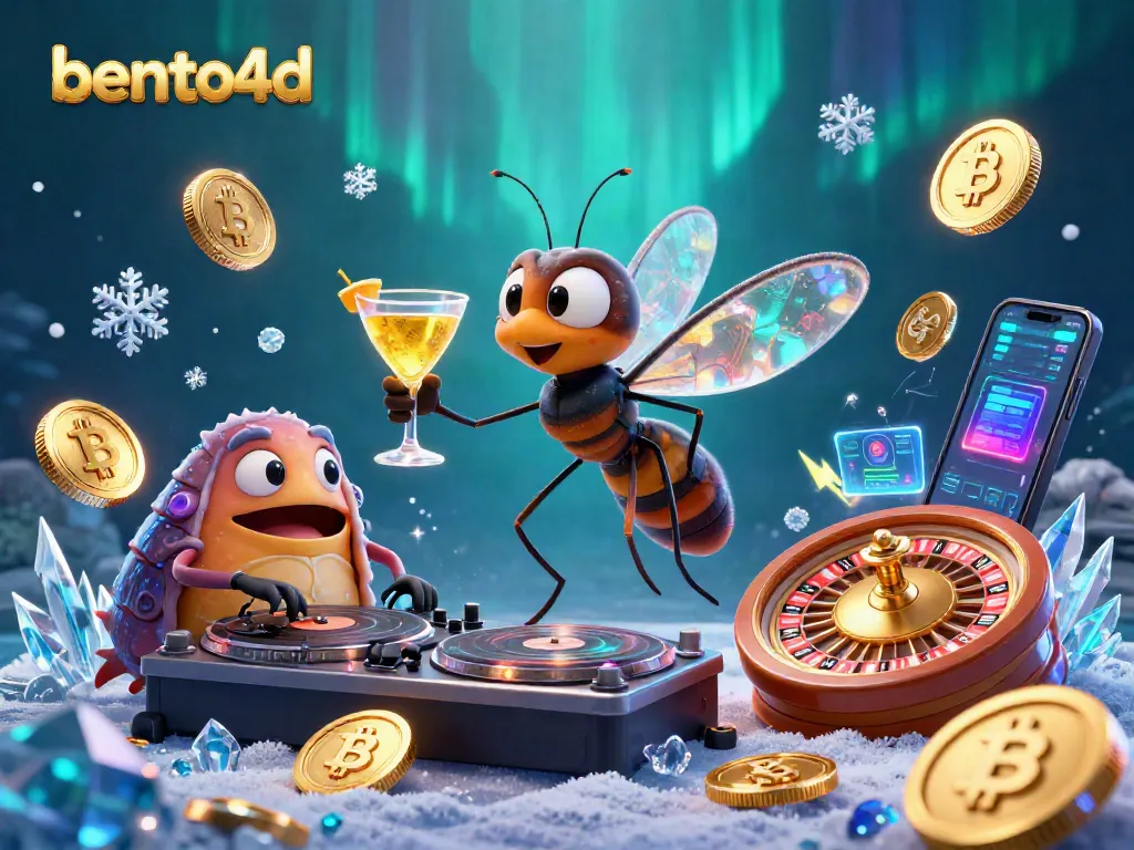 Bento4d’s vibrant casino scene captures a unique frozen mosquito mascot and trilobite DJ amidst dynamic gaming elements.