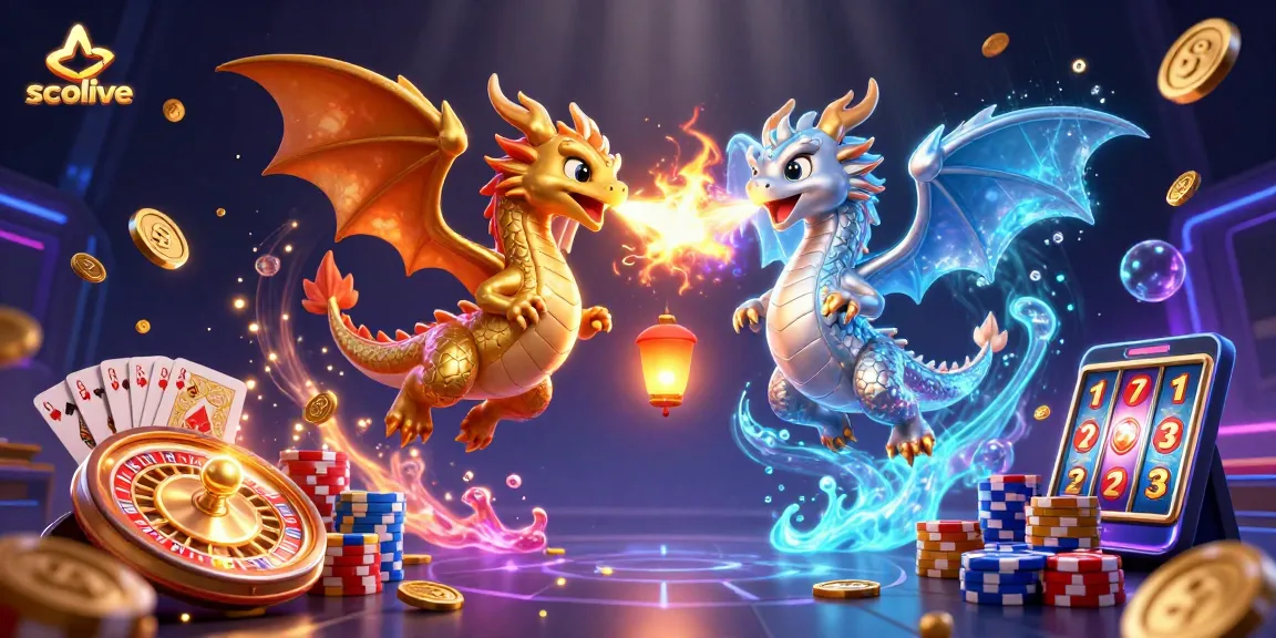 Socolive showcases thrilling dragon battle in a vibrant 3D gambling illustration revealing gold coins and spinning roulette.