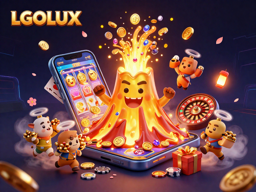 Experience thrilling gameplay with LGOLUX as golden coins erupt from a volcano amid dynamic slot elements.