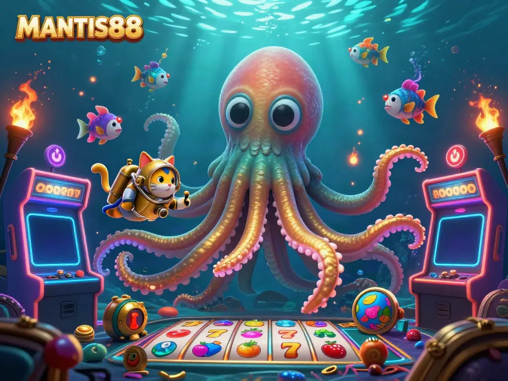 MANTIS88 offers an exciting underwater casino scene with a colossal kraken, diving cat, and colorful slot game elements.