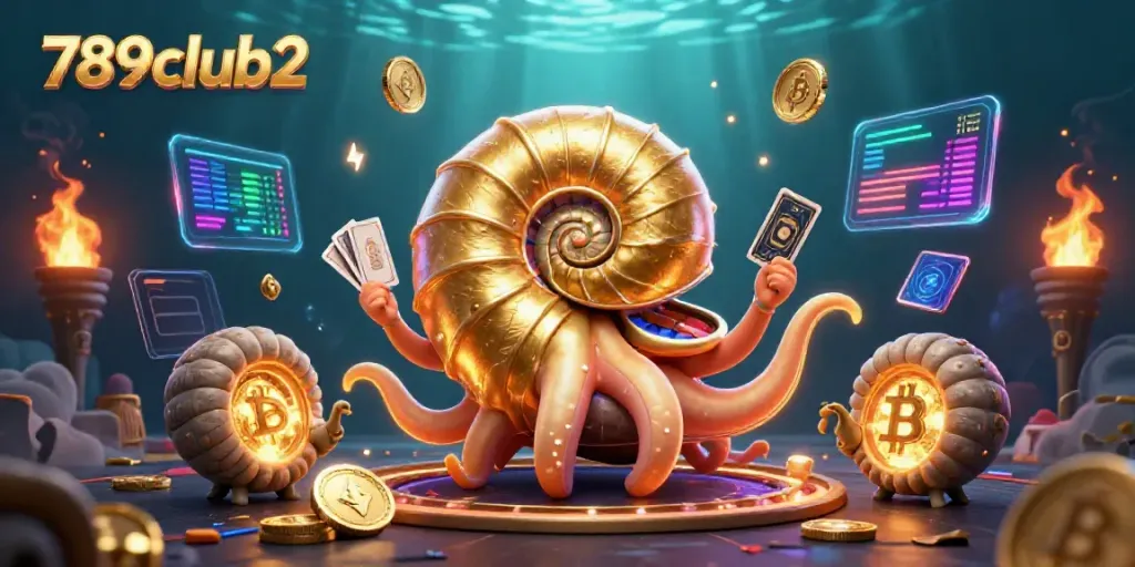 Engage with 789club2's vibrant casino world featuring a giant nautilus roulette and glowing crypto elements.