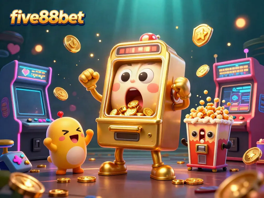 Experience the excitement of five88bet with a 3D golden slot machine and cheering baby slots in a vibrant arcade.
