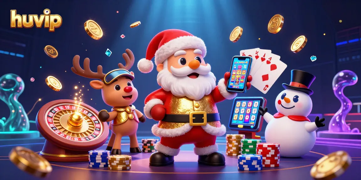 Win big with huvip in this vibrant casino scene featuring a joyful Santa and friends!