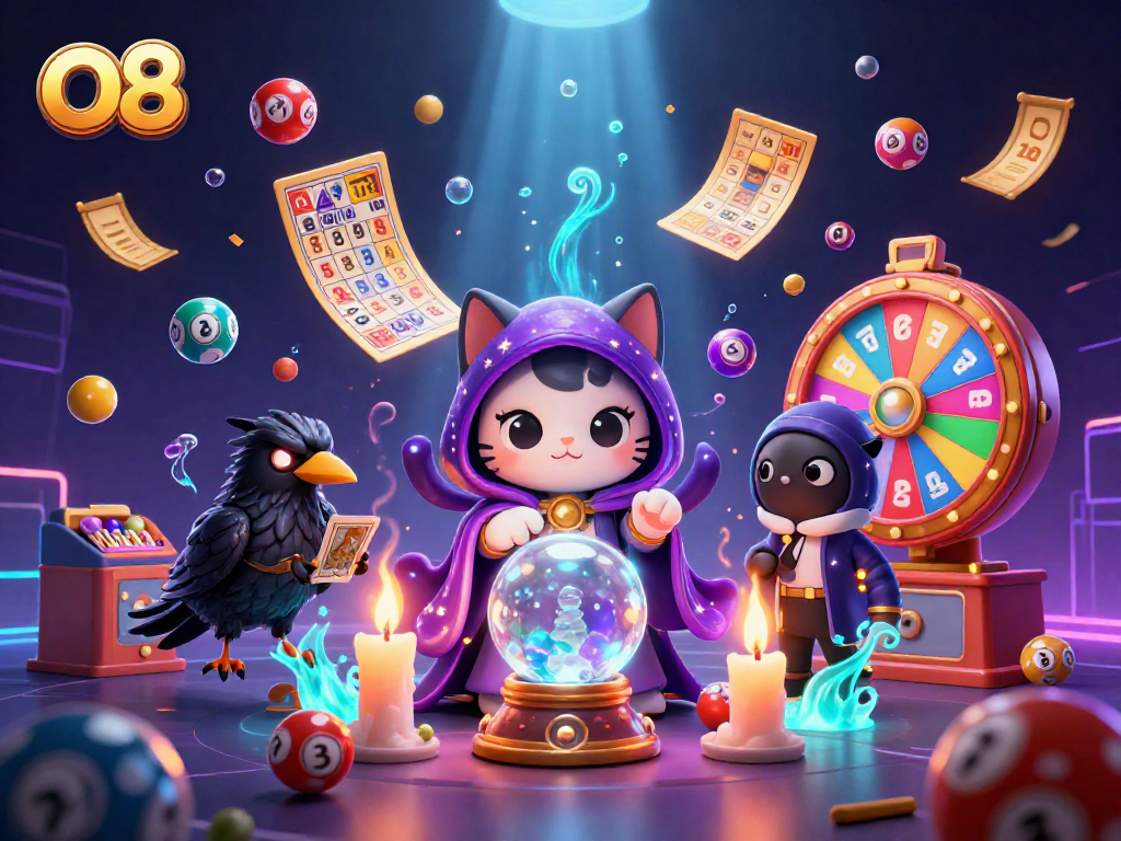 Engage in thrilling lottery games at O8 with a vibrant scene of mystic elements and game highlights.