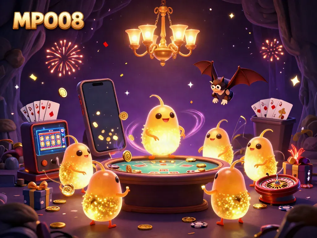 MPO08 features a vibrant 3D casino scene with glowworms, a bat dealer, and dynamic gaming elements.