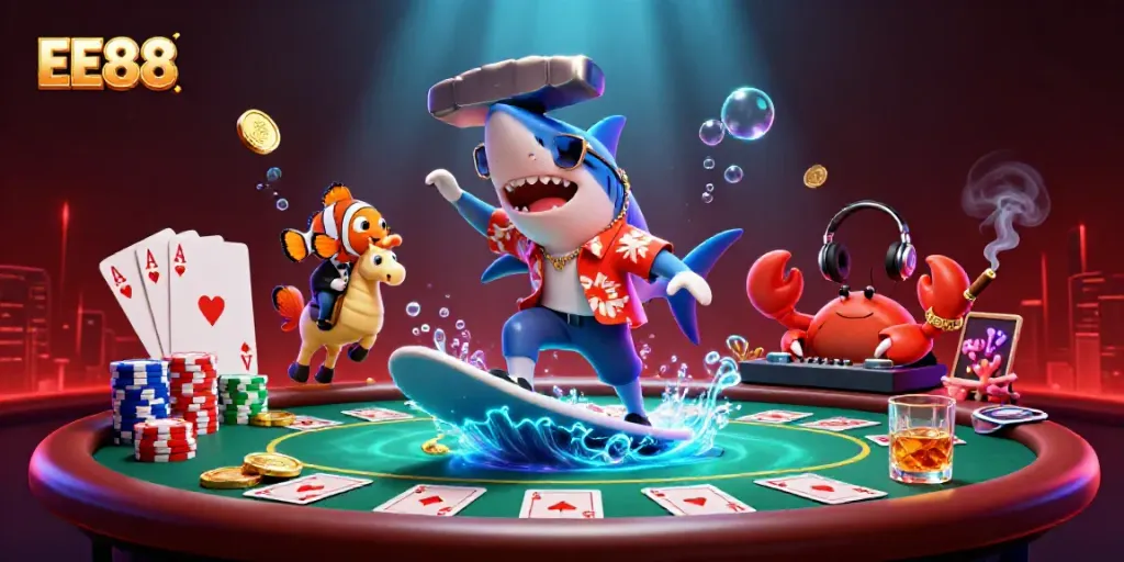 EE88 - Dive into action with a shark and friends celebrating casino fun amidst gold coins and poker elements.
