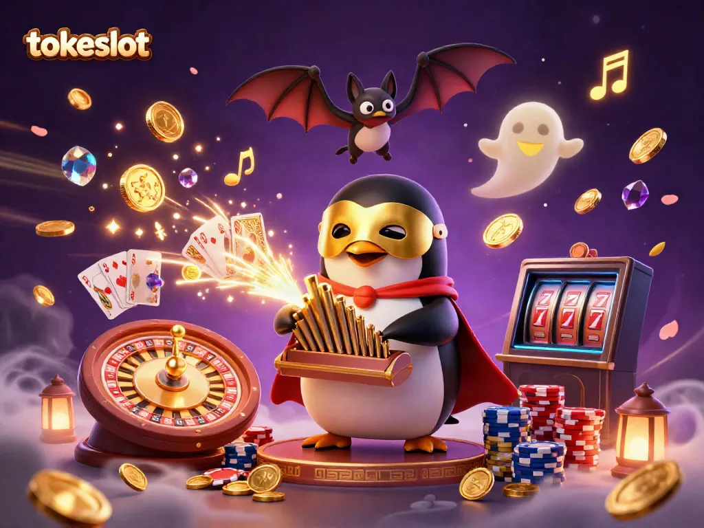 Experience tokeslot gaming magic with a whimsical penguin surrounded by vibrant casino elements.