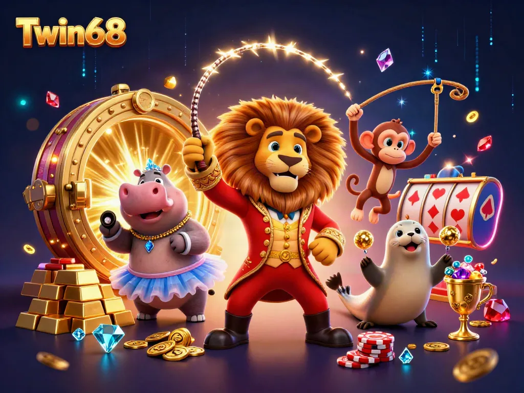 Twin68 features vibrant 3D characters celebrating casino wins with dazzling treasures