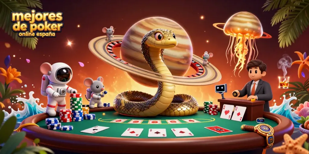 Las mejores salas de póker online en España con jugadores apostando y un croupier cósmico.