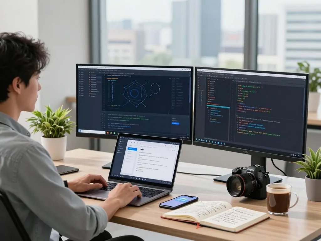快连 network optimization tools displayed on dual monitors in a modern workspace