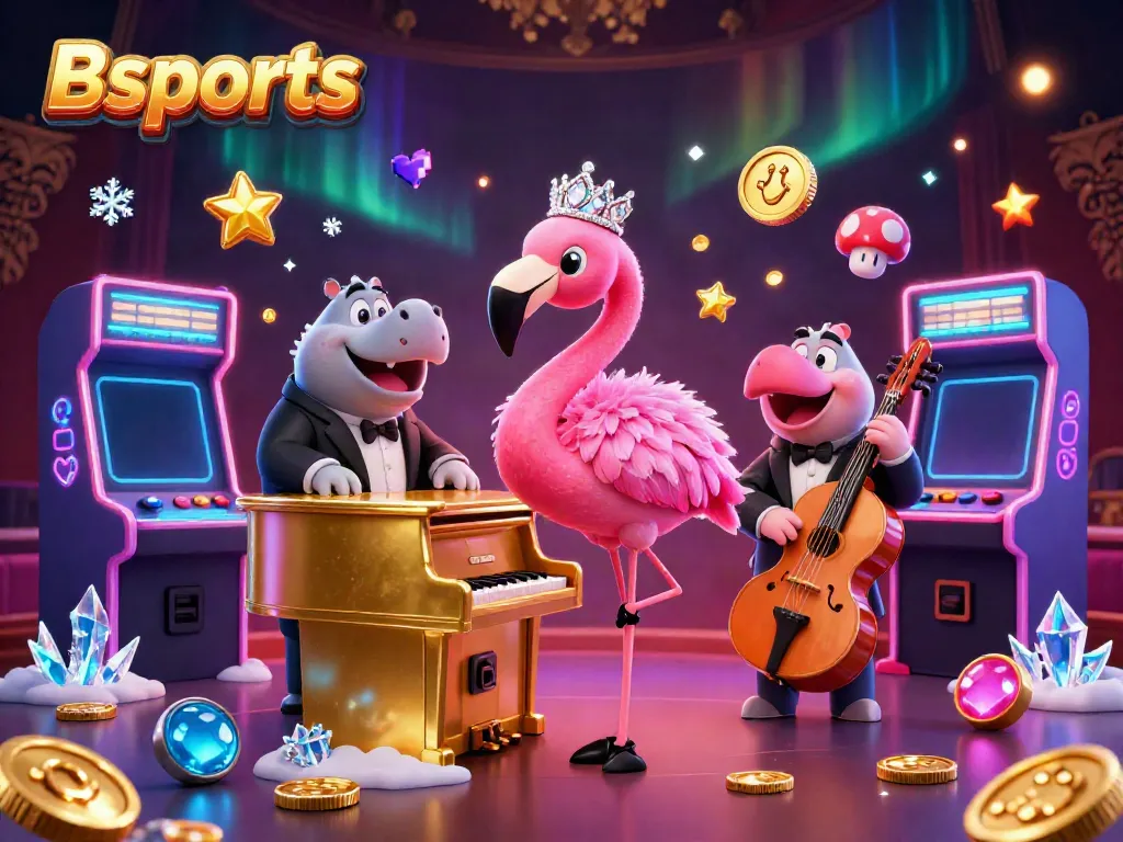 Bets on Bsports with vibrant casino energy, featuring a flamingo singer and hippo bassist.
