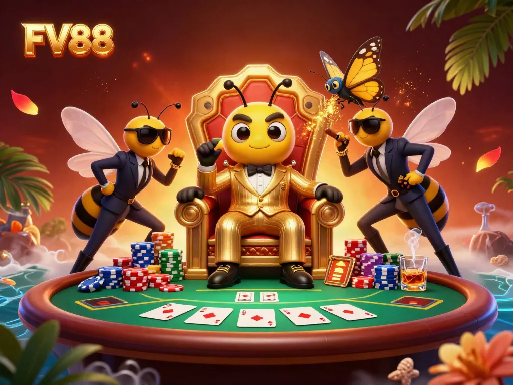 Engage in thrilling casino action at FV88 with vibrant poker elements and dynamic characters.