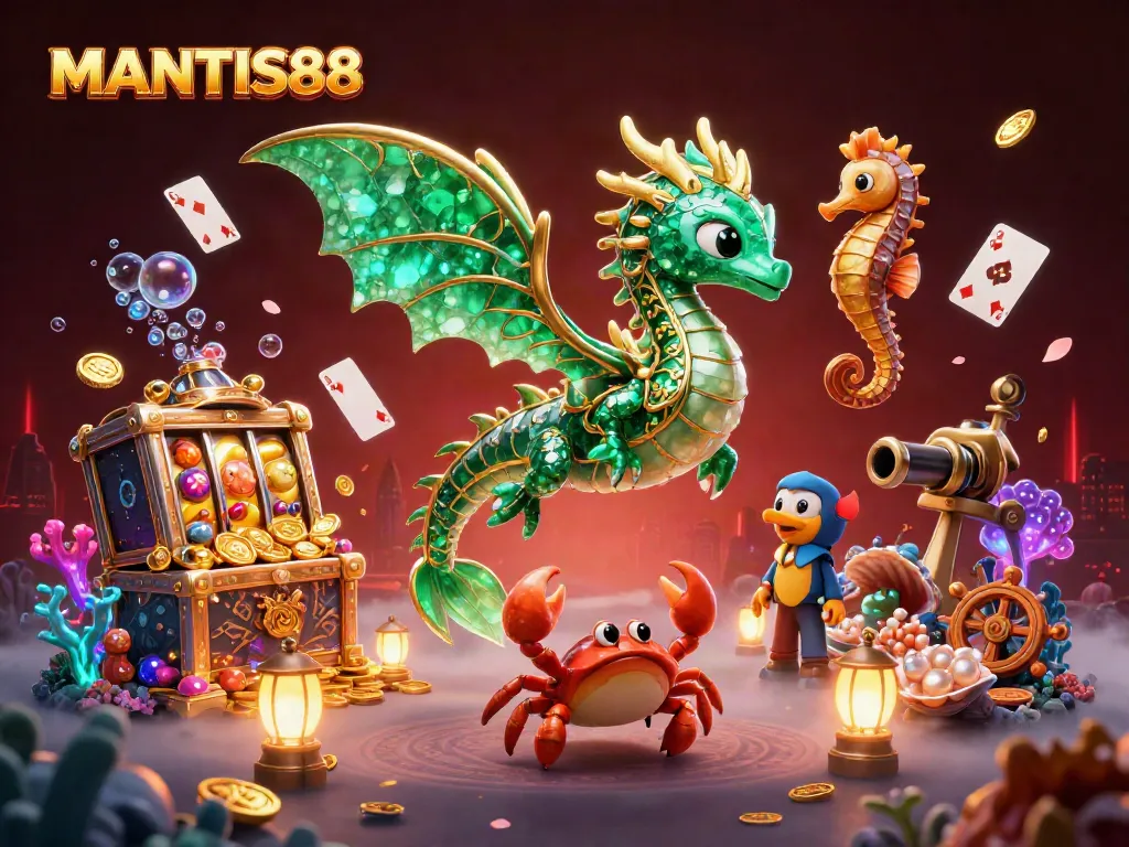 MANTIS88 casino experience showcasing a vibrant underwater scene with a treasure chest and slot reels.