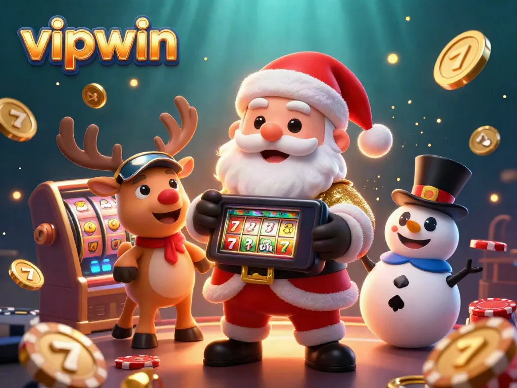 Experience thrilling wins with vipwin in a vibrant 3D casino scene featuring Santa and friends.