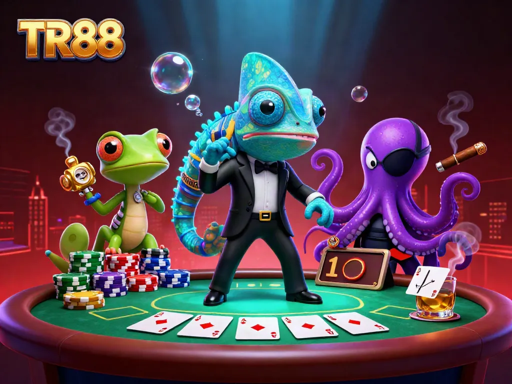 Engage in thrilling poker action with TR88 in a vibrant, dynamic casino scene.