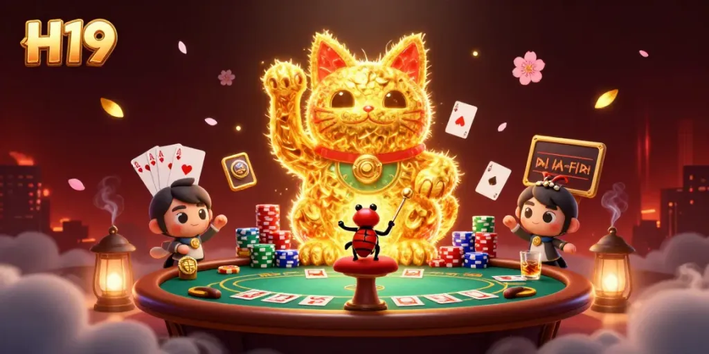 Experience thrilling gameplay with H19's dynamic casino symbols in a vibrant 3D scene.