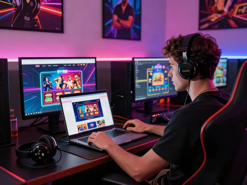 User actively engaging with SV88 online gaming platform on laptop, showcasing vibrant atmosphere and gaming accessories.
