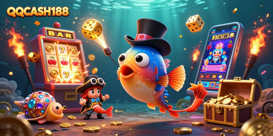 Engage with QQCASH188's vibrant underwater casino scene with glowing characters and winning symbols.