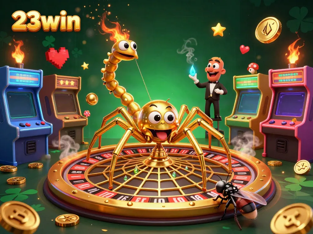 Experience the thrill of betting at 23win, featuring a spider-themed roulette wheel and colorful game elements.