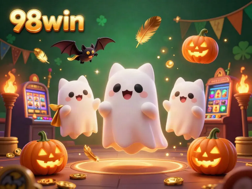 Join the thrilling adventure at 98win with a friendly ghost cat and a vampire bat amidst a vibrant casino.