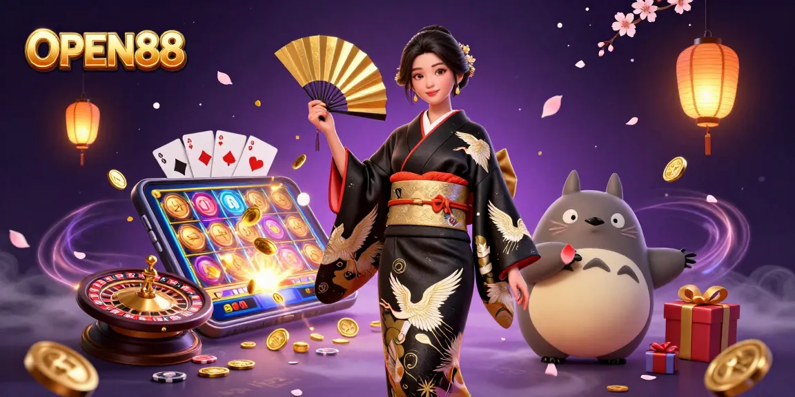 Engage in the exciting world of OPEN88 with a vibrant illustration featuring casino games and festive elements.