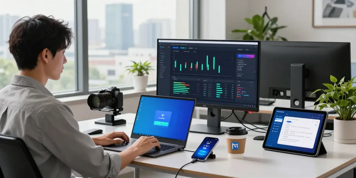 使用爱思助手软件的年轻专业人士在现代化办公桌前工作，背景透出城市天际线。