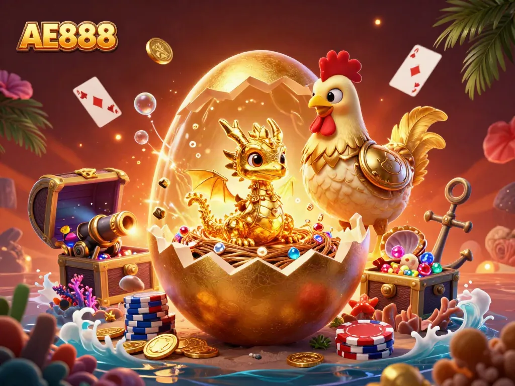 Experience the excitement of AE888 with a golden dragon and poker chips in a vibrant casino scene.