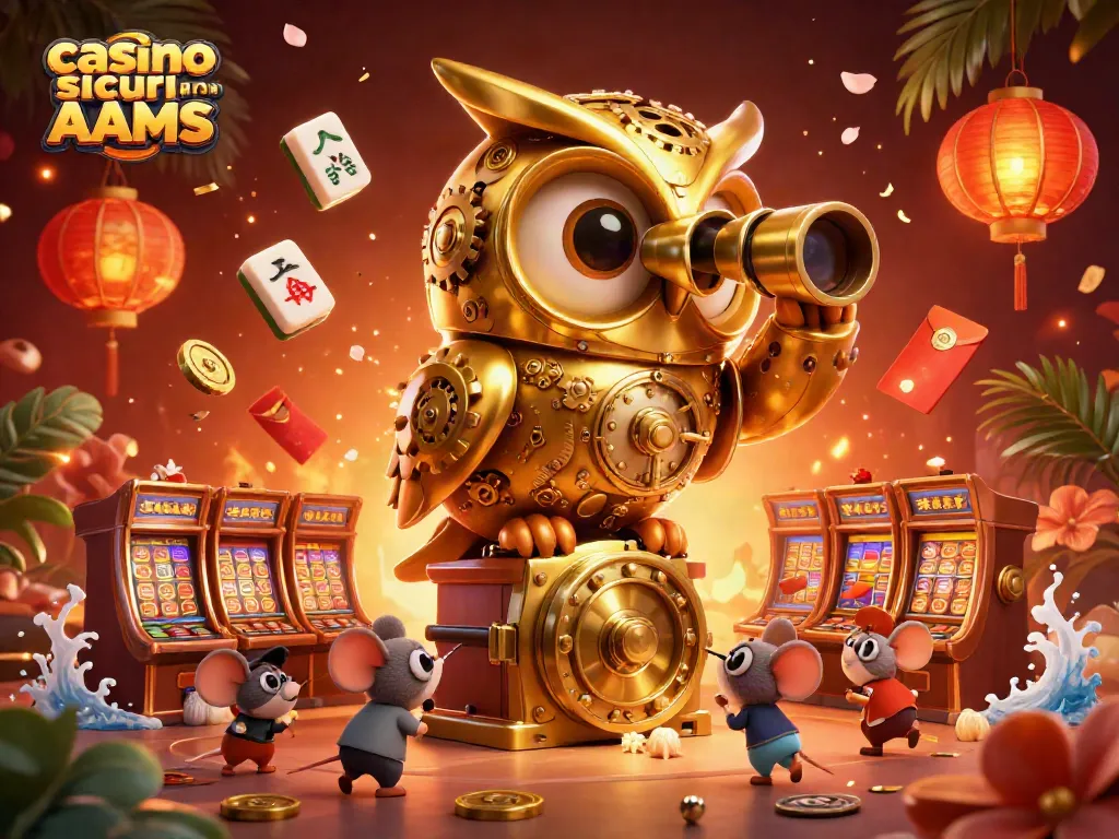 Gioca nei casino sicuri non AAMS con un'illustrazione di un gufo d'oro su un pavimento di slot machine.