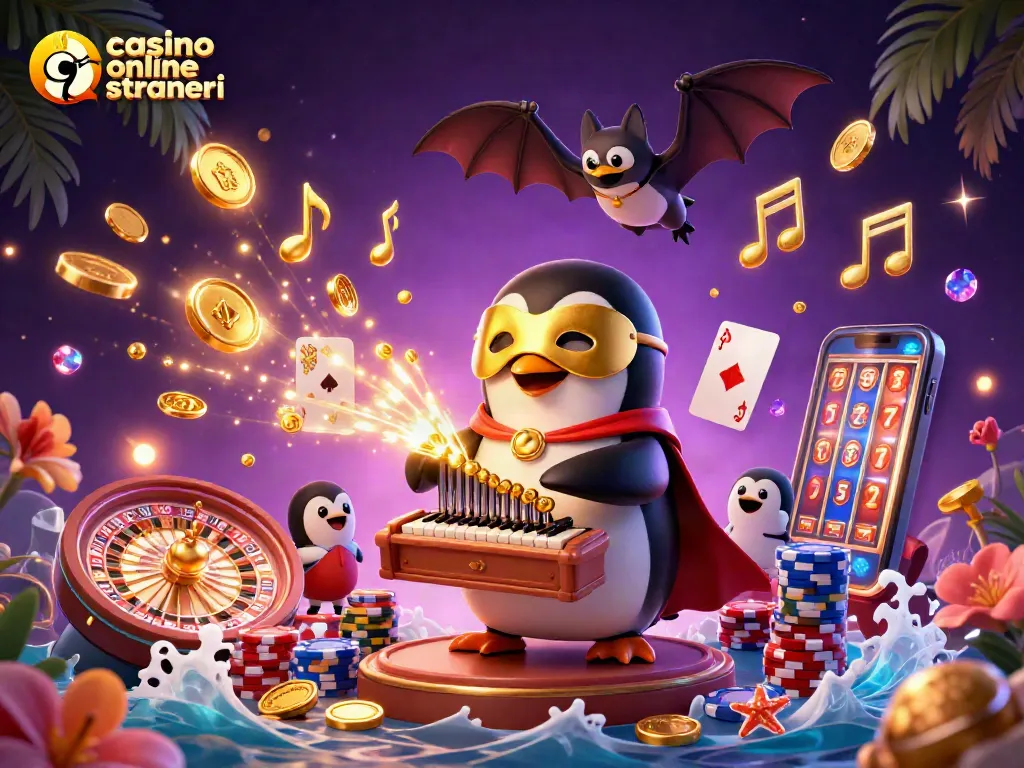 Gioca nei casino online stranieri con un pinguino fantasma che suona un organo, distribuendo monete d'oro.