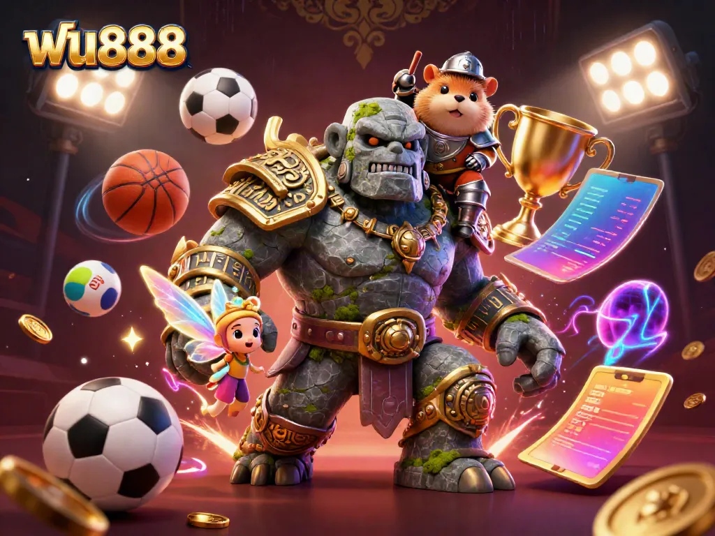 Experience the thrill of ฟัน888 with dynamic sports betting elements and magical characters in a vibrant illustration.